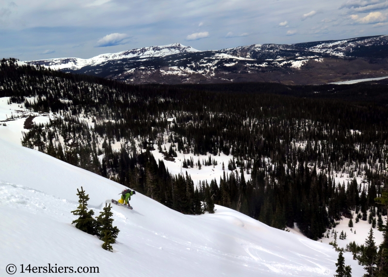 Marko Ross-Bryant backcountry snowboarding Flat Top Mountain in Colorado.