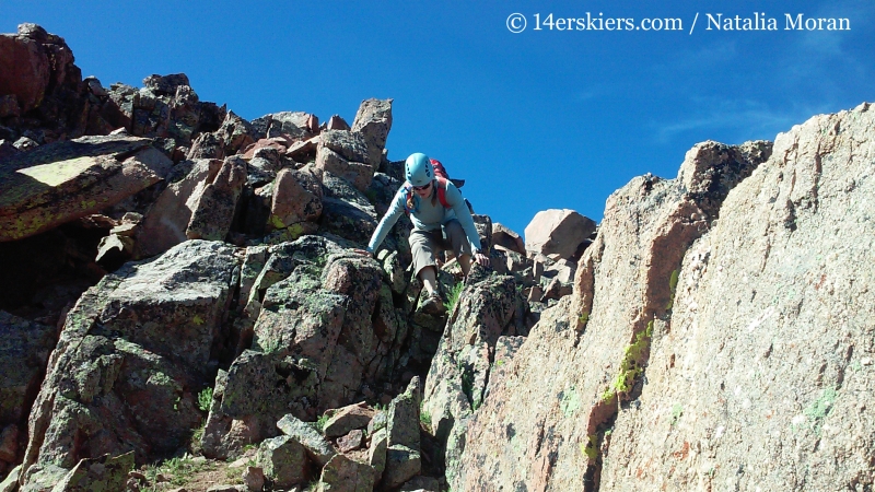 Downclimbing on Snow Peak. 