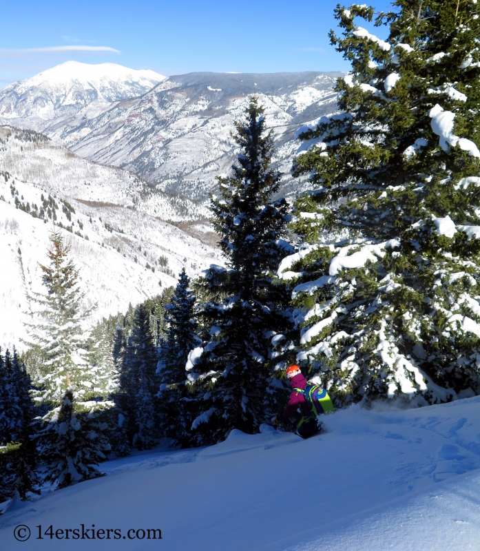 Ann Driggers backcountry skiing on Hunstman Ridge.