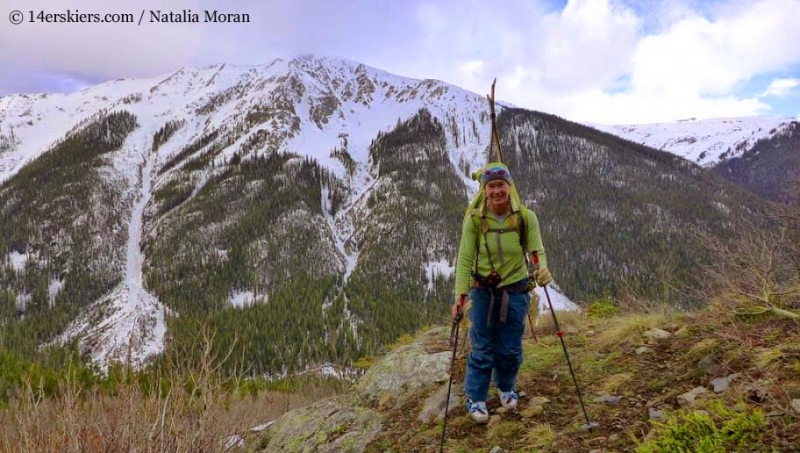 Brittany Walker Konsella hiking to go backcountry skiing on Lackawanna Peak.  