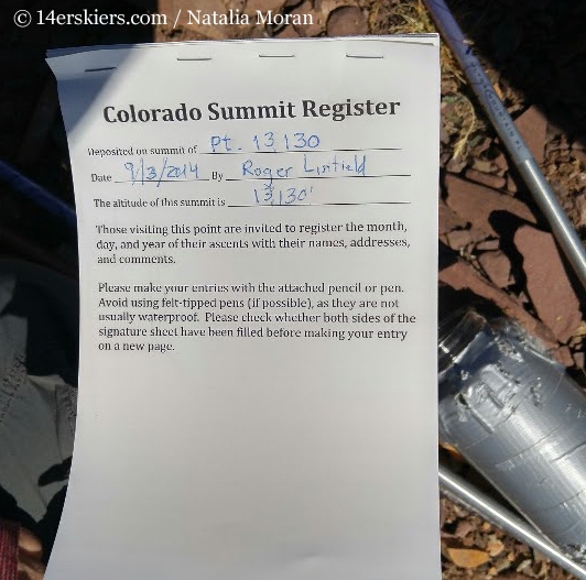 Summit register on Unnamed 13,130'