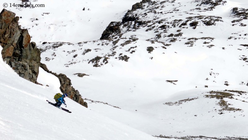 Brittany Konsella backcountry skiing in the southeast couloir on La Plata
